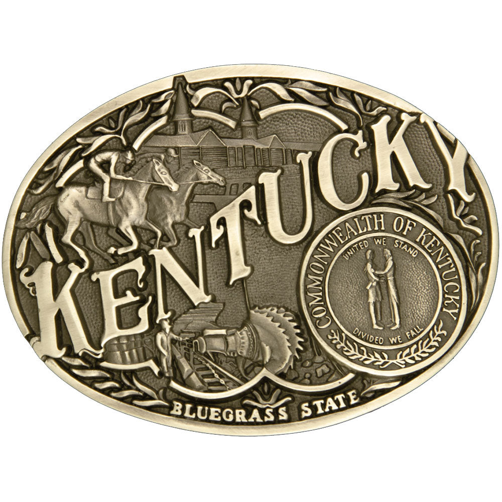 A bronze cast Montana Silversmiths buckle with significant figures of Kentucky's history within its oval shape including the seal of Kentucky. This buckle celebrates the Kentucky history, spirit and pride. It's size is approx. 4" across x 3" tall and fits 1 1/2" belts. Available at our Smyrna, TN just a short drive from downtown Nashville.