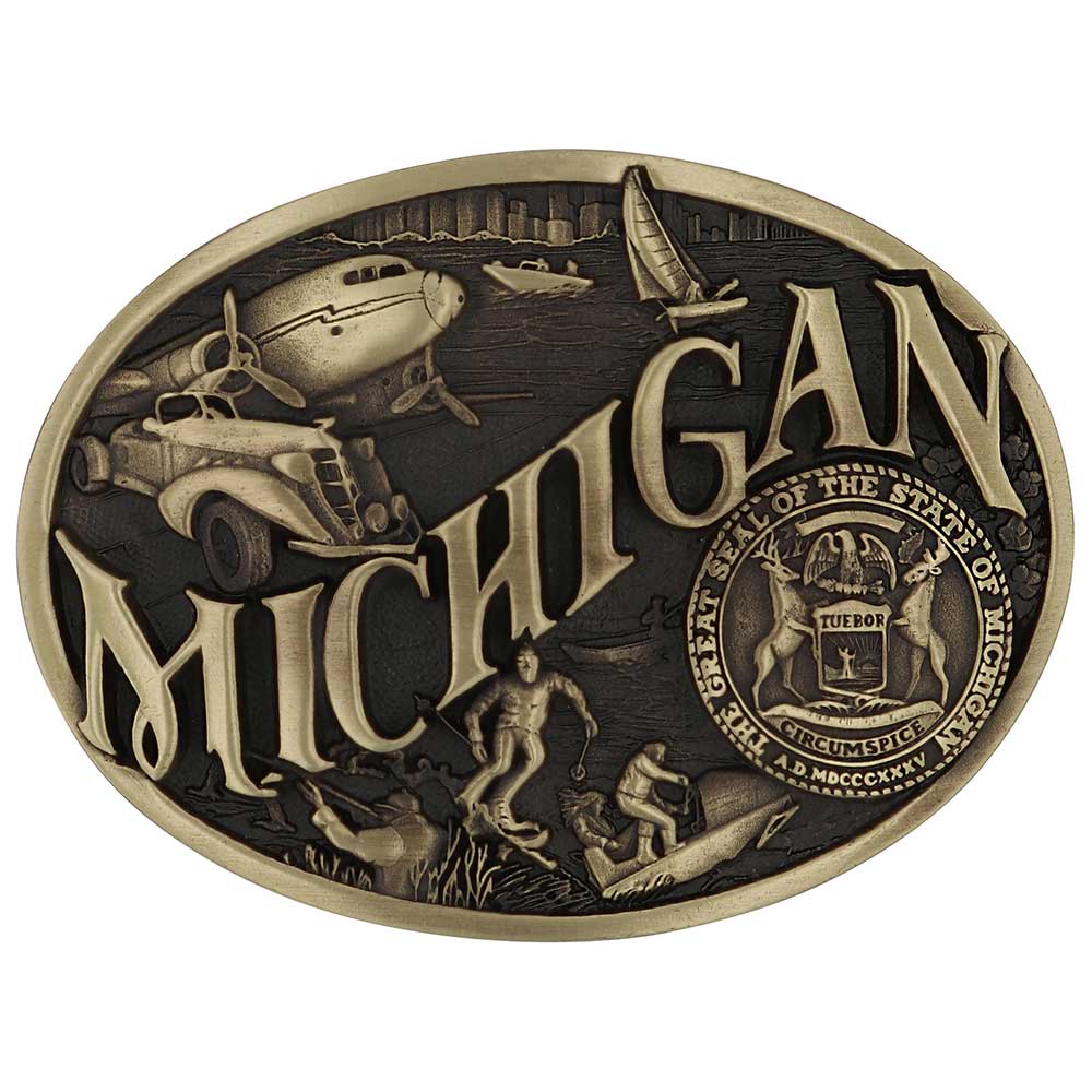 Celebrate Michigan State with this buckle highlighting modes of transportation, hunting, skiing and the state seal! Brass plate over a solid cast metal alloy is antiqued and buffed to highlight the details.

Fits 1 1/2" belts and is approx. 3" tall x 4" across. Available at our shop just outside Nashville in Smyrna, TN. Made by Montana Silversmiths.