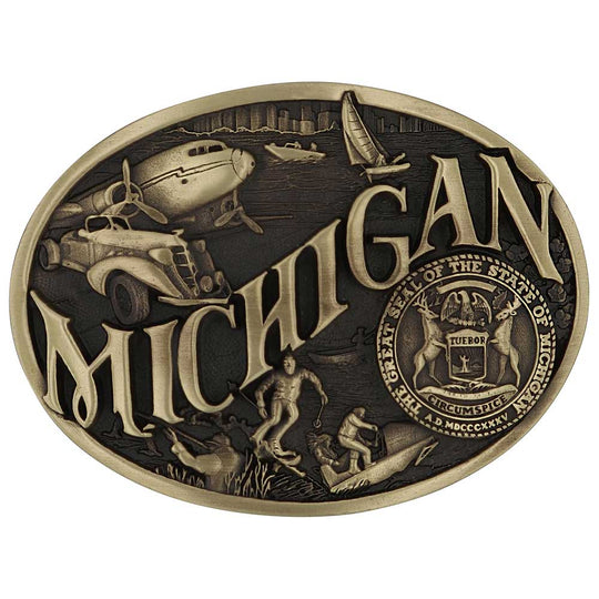 Celebrate Michigan State with this buckle highlighting modes of transportation, hunting, skiing and the state seal! Brass plate over a solid cast metal alloy is antiqued and buffed to highlight the details.

Fits 1 1/2" belts and is approx. 3" tall x 4" across. Available at our shop just outside Nashville in Smyrna, TN. Made by Montana Silversmiths.