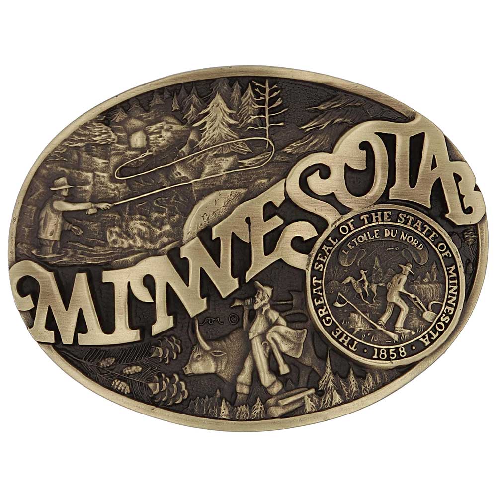 Celebrate Minnesota State with this buckle highlighting fly fishing, the golden era of logging, and the great state seal! Brass plate over a solid cast metal alloy is antiqued and buffed to highlight the details.

Fits 1 1/2" belts and is approx. 3" tall x 4" across. Available at our shop just outside Nashville in Smyrna, TN. Made by Montana Silversmiths.