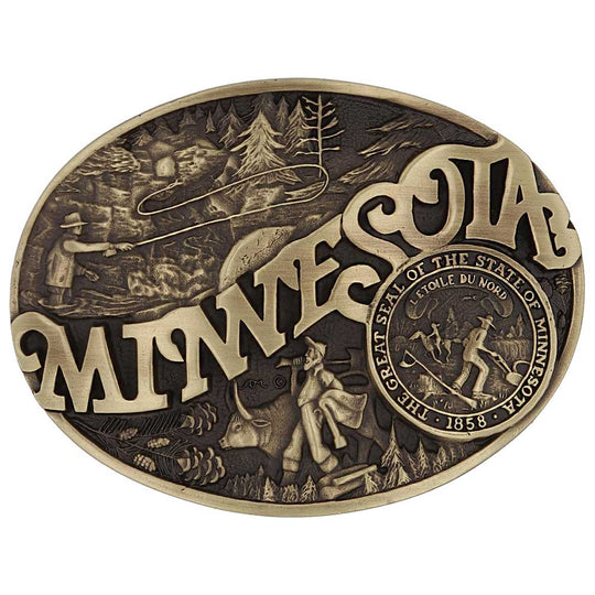 Celebrate Minnesota State with this buckle highlighting fly fishing, the golden era of logging, and the great state seal! Brass plate over a solid cast metal alloy is antiqued and buffed to highlight the details.

Fits 1 1/2" belts and is approx. 3" tall x 4" across. Available at our shop just outside Nashville in Smyrna, TN. Made by Montana Silversmiths.