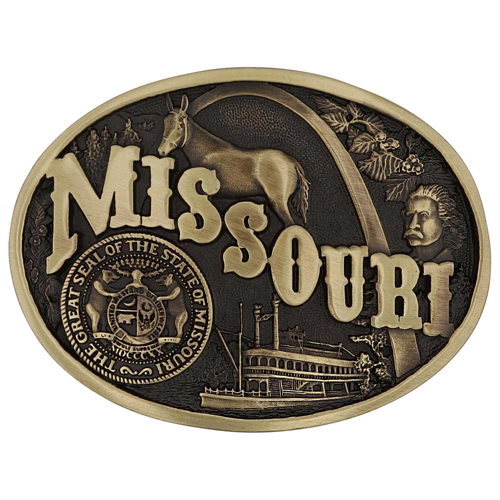 Celebrate Missouri State with this buckle highlighting the St. Louis Arch, Missouri River Steamboats, the Missouri Mule, Albert Einstein for his influence, and the great state seal! Brass plate over a solid cast metal alloy is antiqued and buffed to highlight the details.

Fits 1 1/2" belts and is approx. 3" tall x 4" across. Available at our shop just outside Nashville in Smyrna, TN. Made by Montana Silversmiths.