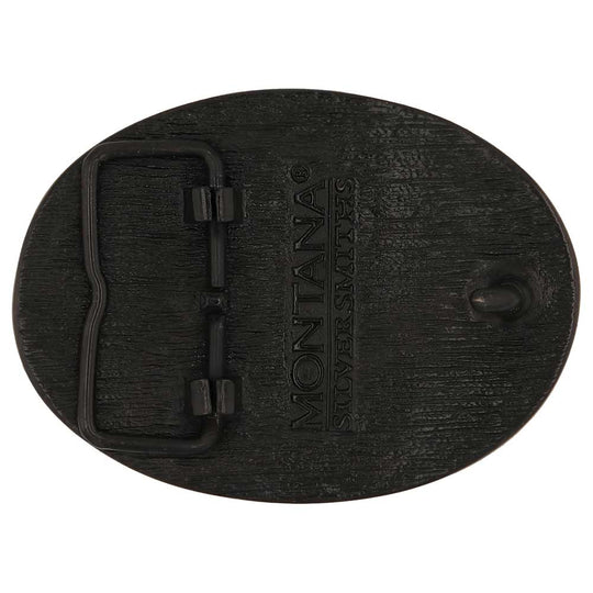 Celebrate Missouri State with this buckle highlighting the St. Louis Arch, Missouri River Steamboats, the Missouri Mule, Albert Einstein for his influence, and the great state seal! Brass plate over a solid cast metal alloy is antiqued and buffed to highlight the details.

Fits 1 1/2" belts and is approx. 3" tall x 4" across. Available at our shop just outside Nashville in Smyrna, TN. Made by Montana Silversmiths.