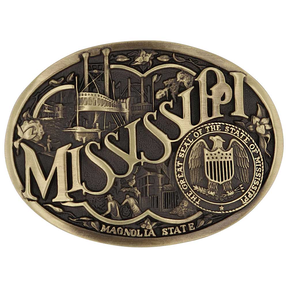 Celebrate Mississippi State with this buckle highlighting the Magnolia State heritage including steamboats and the great state seal. Brass plate over a solid cast metal alloy is antiqued and buffed to highlight the details.

Fits 1 1/2" belts and is approx. 3" tall x 4" across. Available at our shop just outside Nashville in Smyrna, TN. Made by Montana Silversmiths.