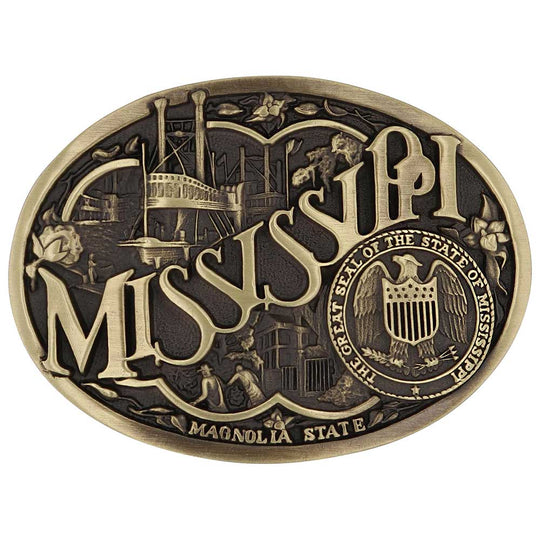 Celebrate Mississippi State with this buckle highlighting the Magnolia State heritage including steamboats and the great state seal. Brass plate over a solid cast metal alloy is antiqued and buffed to highlight the details.

Fits 1 1/2" belts and is approx. 3" tall x 4" across. Available at our shop just outside Nashville in Smyrna, TN. Made by Montana Silversmiths.