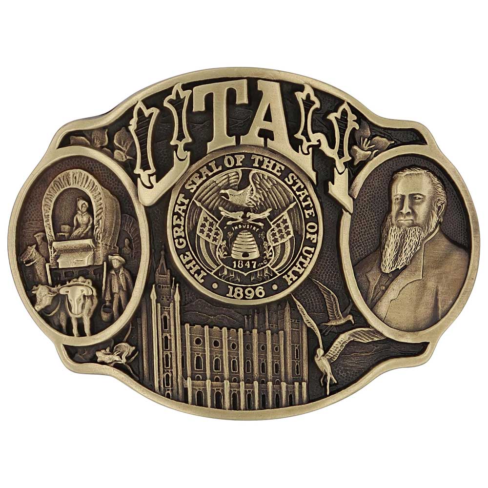 Celebrate Utah State with this buckle highlighting pioneers, Brigham Young, the Salt Lake Tabernacle, and the state seal! Brass plate over a solid cast metal alloy is antiqued and buffed to highlight the details.

Fits 1 1/2" belts and is approx. 3" tall x 4" across. Available at our shop just outside Nashville in Smyrna, TN. Made by Montana Silversmiths.