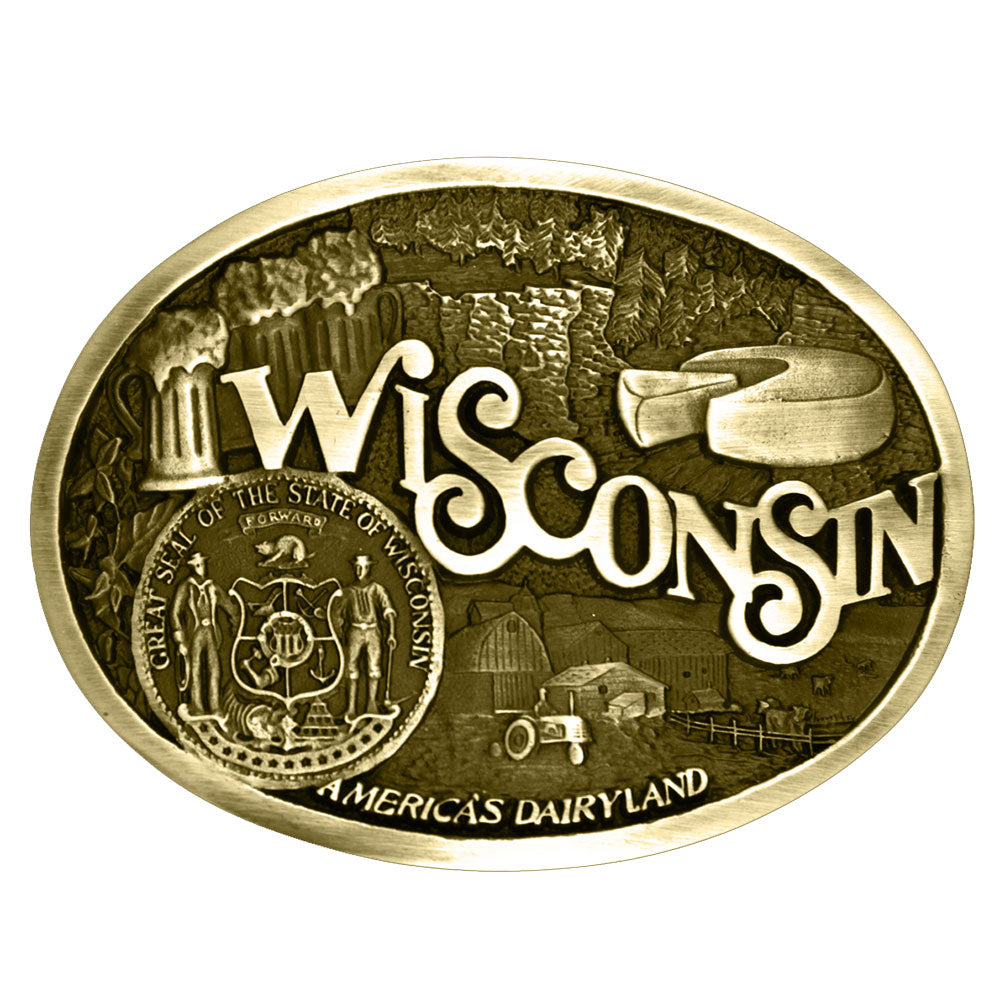Show your Wisconsin state pride with all the Dairyland motifs including wonderful Cheeese! Fits 1 1/2" belts and is approx. 3" tall x 4" across. Available at our shop just outside Nashville in Smyrna, TN. Made by Montana Silversmith.