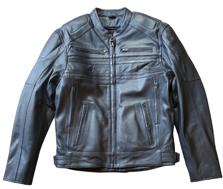 European style collar. It also has decorative black on black stripes and 2 reflective piping strips across front and back. Padding across shoulders, arms, and lower back. Four outside pockets, zippered vents, and two inside concealed carry pockets. The jacket also comes with a full sleeve zip out liner and is available in sizes from M to 5XL. You can find this jacket in stock at our Smyrna, TN shop, only 30 minutes away from downtown Nashville.