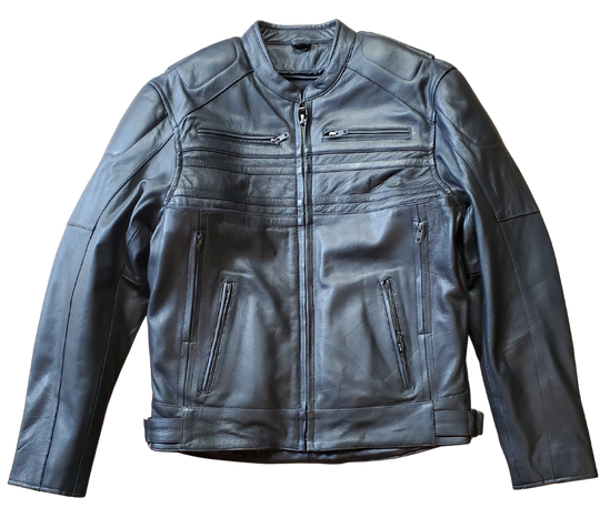 European style collar. It also has decorative black on black stripes and 2 reflective piping strips across front and back. Padding across shoulders, arms, and lower back. Four outside pockets, zippered vents, and two inside concealed carry pockets. The jacket also comes with a full sleeve zip out liner and is available in sizes from M to 5XL. You can find this jacket in stock at our Smyrna, TN shop, only 30 minutes away from downtown Nashville.