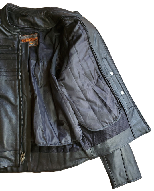 European style collar. It also has decorative black on black stripes and 2 reflective piping strips across front and back. Padding across shoulders, arms, and lower back. Four outside pockets, zippered vents, and two inside concealed carry pockets. The jacket also comes with a full sleeve zip out liner and is available in sizes from M to 5XL. You can find this jacket in stock at our Smyrna, TN shop, only 30 minutes away from downtown Nashville.