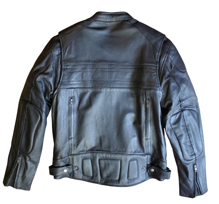 European style collar. It also has decorative black on black stripes and 2 reflective piping strips across front and back. Padding across shoulders, arms, and lower back. Four outside pockets, zippered vents, and two inside concealed carry pockets. The jacket also comes with a full sleeve zip out liner and is available in sizes from M to 5XL. You can find this jacket in stock at our Smyrna, TN shop, only 30 minutes away from downtown Nashville.