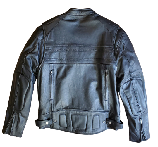 European style collar. It also has decorative black on black stripes and 2 reflective piping strips across front and back. Padding across shoulders, arms, and lower back. Four outside pockets, zippered vents, and two inside concealed carry pockets. The jacket also comes with a full sleeve zip out liner and is available in sizes from M to 5XL. You can find this jacket in stock at our Smyrna, TN shop, only 30 minutes away from downtown Nashville.