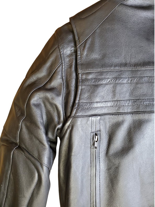 European style collar. It also has decorative black on black stripes and 2 reflective piping strips across front and back. Padding across shoulders, arms, and lower back. Four outside pockets, zippered vents, and two inside concealed carry pockets. The jacket also comes with a full sleeve zip out liner and is available in sizes from M to 5XL. You can find this jacket in stock at our Smyrna, TN shop, only 30 minutes away from downtown Nashville.