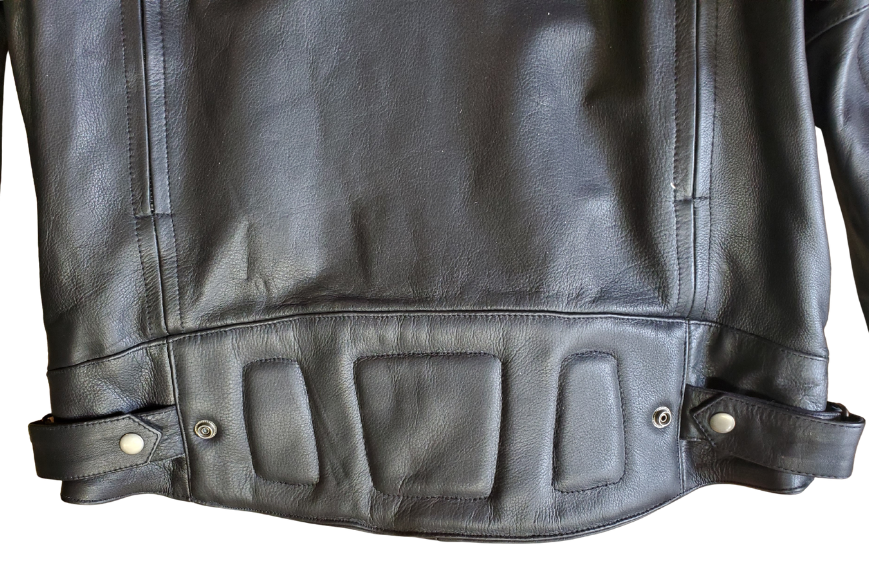European style collar. It also has decorative black on black stripes and 2 reflective piping strips across front and back. Padding across shoulders, arms, and lower back. Four outside pockets, zippered vents, and two inside concealed carry pockets. The jacket also comes with a full sleeve zip out liner and is available in sizes from M to 5XL. You can find this jacket in stock at our Smyrna, TN shop, only 30 minutes away from downtown Nashville.