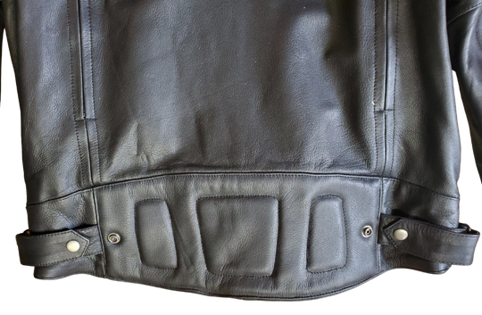 European style collar. It also has decorative black on black stripes and 2 reflective piping strips across front and back. Padding across shoulders, arms, and lower back. Four outside pockets, zippered vents, and two inside concealed carry pockets. The jacket also comes with a full sleeve zip out liner and is available in sizes from M to 5XL. You can find this jacket in stock at our Smyrna, TN shop, only 30 minutes away from downtown Nashville.