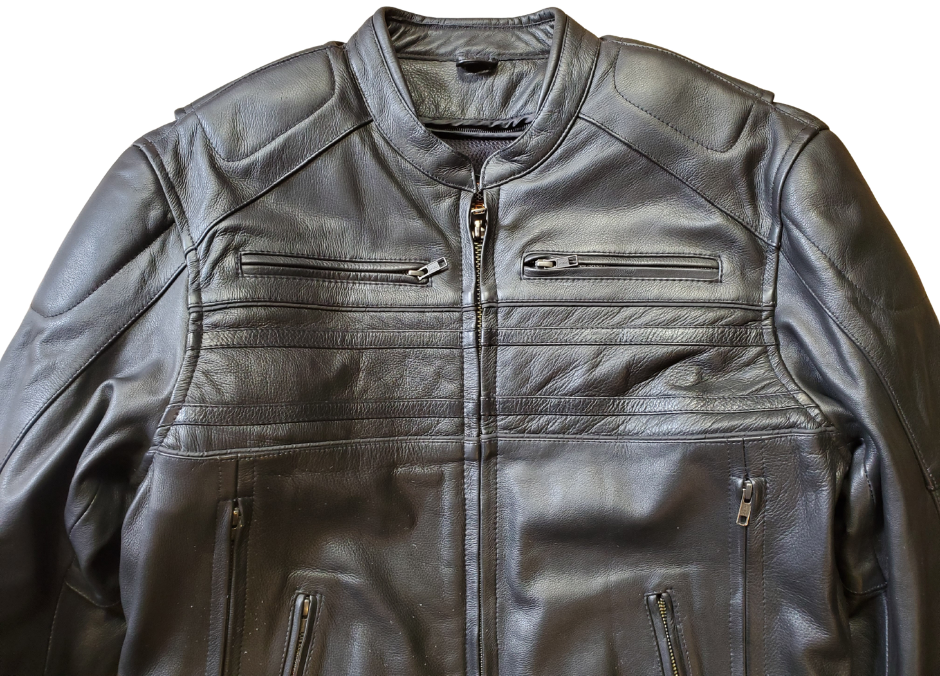 European style collar. It also has decorative black on black stripes and 2 reflective piping strips across front and back. Padding across shoulders, arms, and lower back. Four outside pockets, zippered vents, and two inside concealed carry pockets. The jacket also comes with a full sleeve zip out liner and is available in sizes from M to 5XL. You can find this jacket in stock at our Smyrna, TN shop, only 30 minutes away from downtown Nashville.