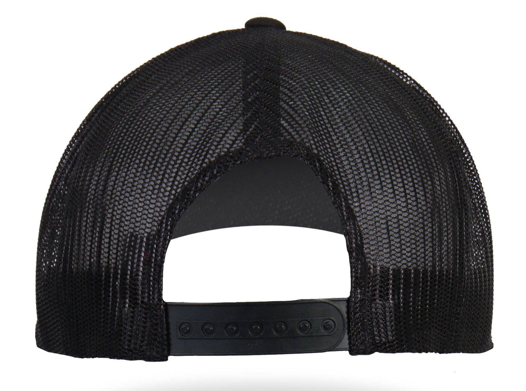 Back view - Assassin Rider Patch flat bill Snap Back Hat. Its a cotton/polyester blend helps the hat hold its shape for long time use. Otto Brand mesh style back hat with a plastic adjustable tab. Ride to our Smyrna, TN shop not far from Murfreesboro.