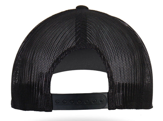 Back view - Assassin Rider Patch flat bill Snap Back Hat. Its a cotton/polyester blend helps the hat hold its shape for long time use. Otto Brand mesh style back hat with a plastic adjustable tab. Ride to our Smyrna, TN shop not far from Murfreesboro.