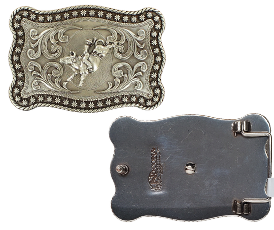 Imagine holding a beautifully designed rectangular belt buckle that captures the exhilarating rush of the Eight Second Bullride. It features a Western-inspired rope and beaded edge, along with a bold depiction of a Bullrider in a Antique Silver color. Measuring approximately 3" tall by 4" wide, it comfortably fits belts up to 1 1/2" wide. You can find this amazing buckle at our retail shop in Smyrna, TN, just outside Nashville, or conveniently purchase it from our online store. Imported