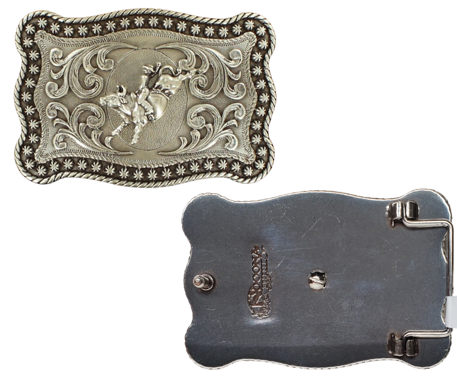 Imagine holding a beautifully designed rectangular belt buckle that captures the exhilarating rush of the Eight Second Bullride. It features a Western-inspired rope and beaded edge, along with a bold depiction of a Bullrider in a Antique Silver color. Measuring approximately 3" tall by 4" wide, it comfortably fits belts up to 1 1/2" wide. You can find this amazing buckle at our retail shop in Smyrna, TN, just outside Nashville, or conveniently purchase it from our online store. Imported
