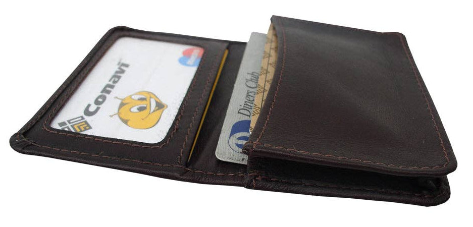 The Notch Card I.D. case in for the Minimalist attitude in a Soft Leather wallet. Fit's easily in your front pocket or bag. Flap-over to gusseted pocket for credit cards and/or business cards. Leather improves with age as it absorbs the oils from your hands and assumes a classic, worn look. Additional open pocket for cards on the back. Now stocked at our Smyrna, TN shop not far from Opry Mills Mall.

Handcrafted in Colombia, South America.
Open pocket. * I.D. window.
Dimensions 4 x 2.75 inches