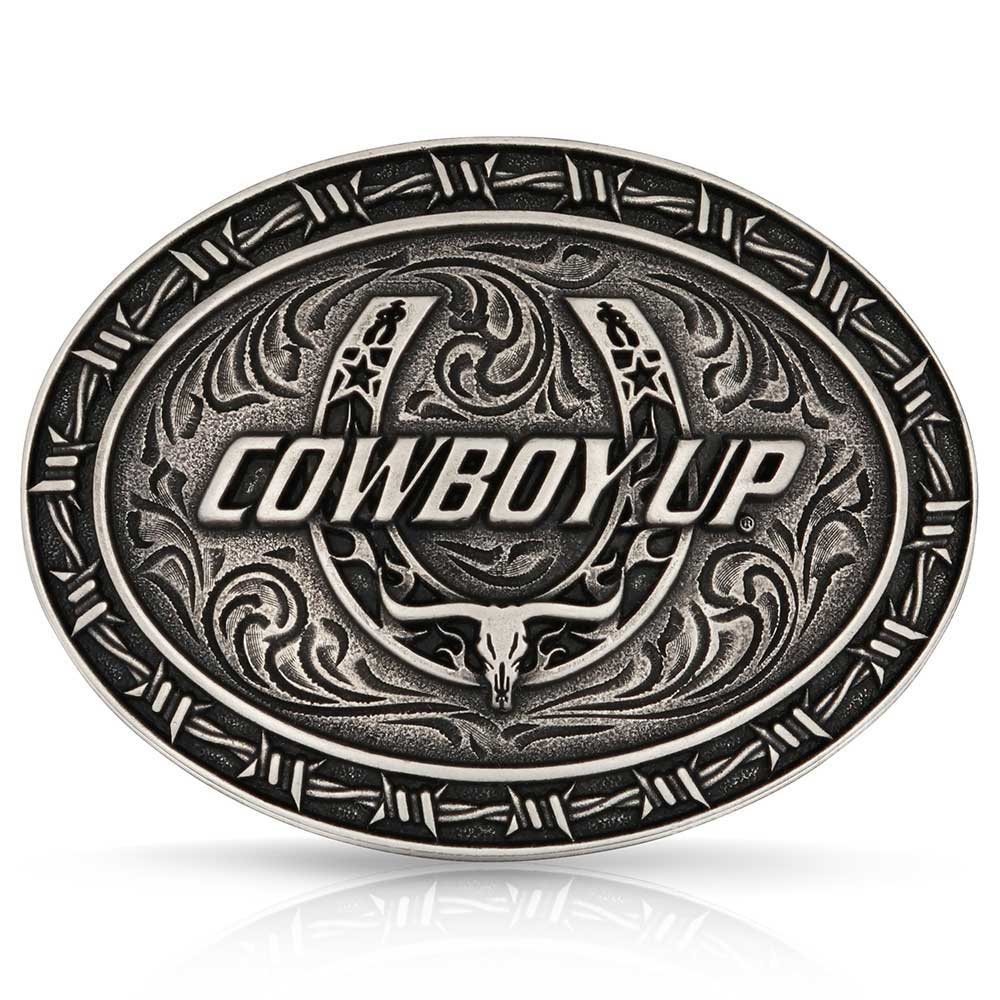 Featuring the words "Cowboy Up" over a horseshoe design. The horseshoe has a steer's head at the bottom, a filigree background, and is completed with a barbed wire boarder. A standout buckle that will pair perfectly with your favorite pair of jeans. This cast buckle has a standard 1.5 inch belt swivel. In stock at our Smyrna, TN shop not far from wild Broadway in Nashville.
Material: Silver plating over a White Metal Alloy base. Paint. Montana Armor to prevent tarnish.
Dimension: 4x3x1