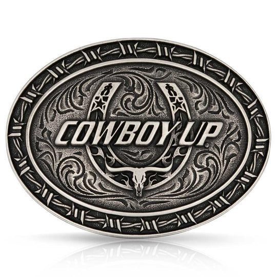 Featuring the words "Cowboy Up" over a horseshoe design. The horseshoe has a steer&