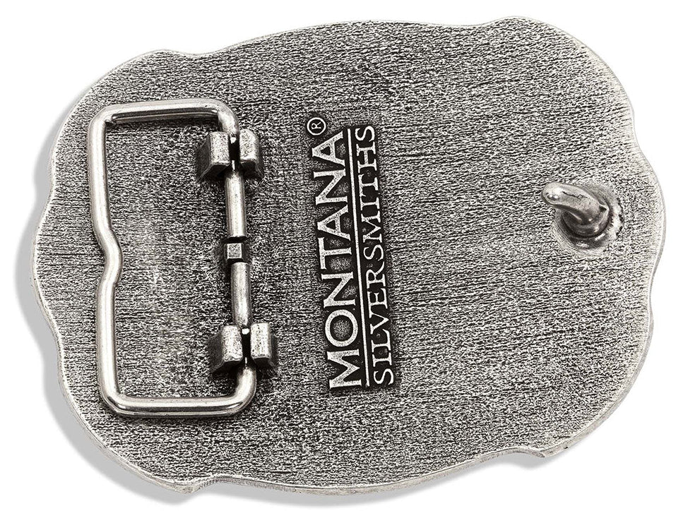 An officially licensed John Deere® two tone cast in antiqued silver and gold tones with a softly scalloped edge. The classic gold toned John Deere logo sits in the center of the buckle surrounded by antiqued silver toned filigree design. The edges of the filigree are lined by a scalloped shaped edging of silver toned microbeads with the outer edge a combination of sections gold toned rope and silver toned microbeads alternating their way around the edge. Standard 1.5 inch belt swivel. In stock at our Smyrna