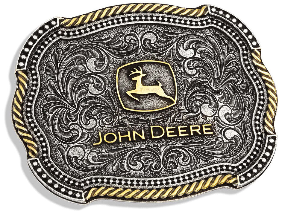 An officially licensed John Deere® two tone cast in antiqued silver and gold tones with a softly scalloped edge. The classic gold toned John Deere logo sits in the center of the buckle surrounded by antiqued silver toned filigree design. The edges of the filigree are lined by a scalloped shaped edging of silver toned microbeads with the outer edge a combination of sections gold toned rope and silver toned microbeads alternating their way around the edge. Standard 1.5 inch belt swivel. In stock at our Smyrna
