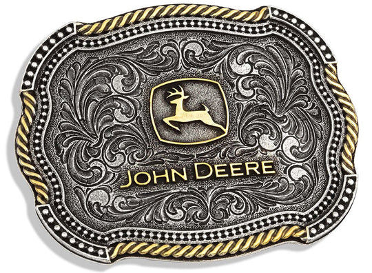 An officially licensed John Deere® two tone cast in antiqued silver and gold tones with a softly scalloped edge. The classic gold toned John Deere logo sits in the center of the buckle surrounded by antiqued silver toned filigree design. The edges of the filigree are lined by a scalloped shaped edging of silver toned microbeads with the outer edge a combination of sections gold toned rope and silver toned microbeads alternating their way around the edge. Standard 1.5 inch belt swivel. In stock at our Smyrna