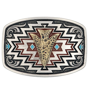 This Radiating Center of it All Arrow Belt Buckle is a curved, rectangular Attitude cast buckle that is hand-painted, radiating it's center arrow design. A gold-finished arrow sits front and center, surrounded by geometric etched patterns painted in reds and turquoise-blues. The pattern is surrounded by faint filigree and a low-profile trim on the outside. Fits 1 1/2" belts and is approx. 3" tall x 4" across. Available at our shop just outside Nashville in Smyrna, TN.