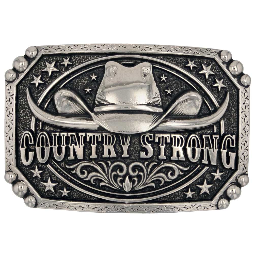 If Country Strong is your refrain you will love this handsome belt buckle. Its silver tone design features a cowboy hat paired with horns for a bold look. Filigree, stars, and beading fill in the spaces to create a stunning and unique design. Fits 1 1/2" belts and is approx. 2 3/4" tall x 4" across. Available at our shop just outside Nashville in Smyrna, TN. Made by Montana Silversmith.
