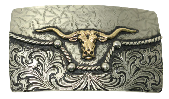 The River Horn impresses with an idea of a longhorn cattle neck deep in a river. In German Silver, the lower half of buckle is engraved in swirls forced from the center. It is separated from the lightly patterned top half with a rope dipping in the center to reveal the brass colored head of a Longhorn cattle. Available in our Smyrna, TN shop, a short distance from Nashville.