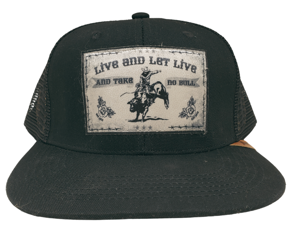 If your a Rodeo fan you won't any Bull! Let this hat say what you believe. Black twill with "Live and Let Live" Take No Bull patch in the front. Adjustable snap back. Available at our shop just outside Nashville in Smyrna, TN.