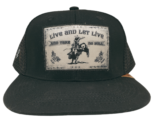 If your a Rodeo fan you won't any Bull! Let this hat say what you believe. Black twill with "Live and Let Live" Take No Bull patch in the front. Adjustable snap back. Available at our shop just outside Nashville in Smyrna, TN.