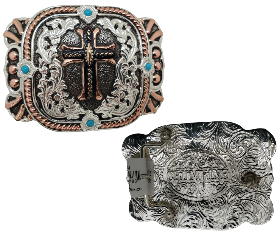 Amazing grace! how sweet the sound, That saved a wretch; like me! I once was lost, but now am found, Was blind, but now I see, AMEN! A western styled Cross buckle with copper colored accents, rope decor, scroll patterns,&nbsp; and 4 turquoise accents,&nbsp; Measures approx. 3" tall x 4" across Get it at our shop in Smyrna, TN, outside Nashville. Made in Mexico.