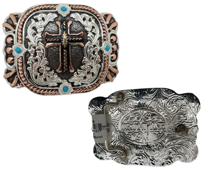 Amazing grace! how sweet the sound, That saved a wretch; like me! I once was lost, but now am found, Was blind, but now I see, AMEN! A western styled Cross buckle with copper colored accents, rope decor, scroll patterns,&nbsp; and 4 turquoise accents,&nbsp; Measures approx. 3" tall x 4" across Get it at our shop in Smyrna, TN, outside Nashville. Made in Mexico.