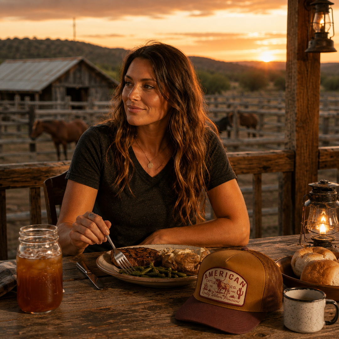 This one’s all about roots. The Provisions Cap leans into old-school western style with hand-drawn artwork, deep earthy tones, and a straight-up cattleman’s mindset. It wears like something your granddad might’ve kept in the dash—and that’s the point. Available in our Smyrna, TN shop not far from Miller Coliseum in Murfreesboro.

Mid-Profile Crown Height
Adjustable Snapback Closure
American Cattle Co. Pasture Scene Patch
Baked Bean Brown with Brown Mustard on top