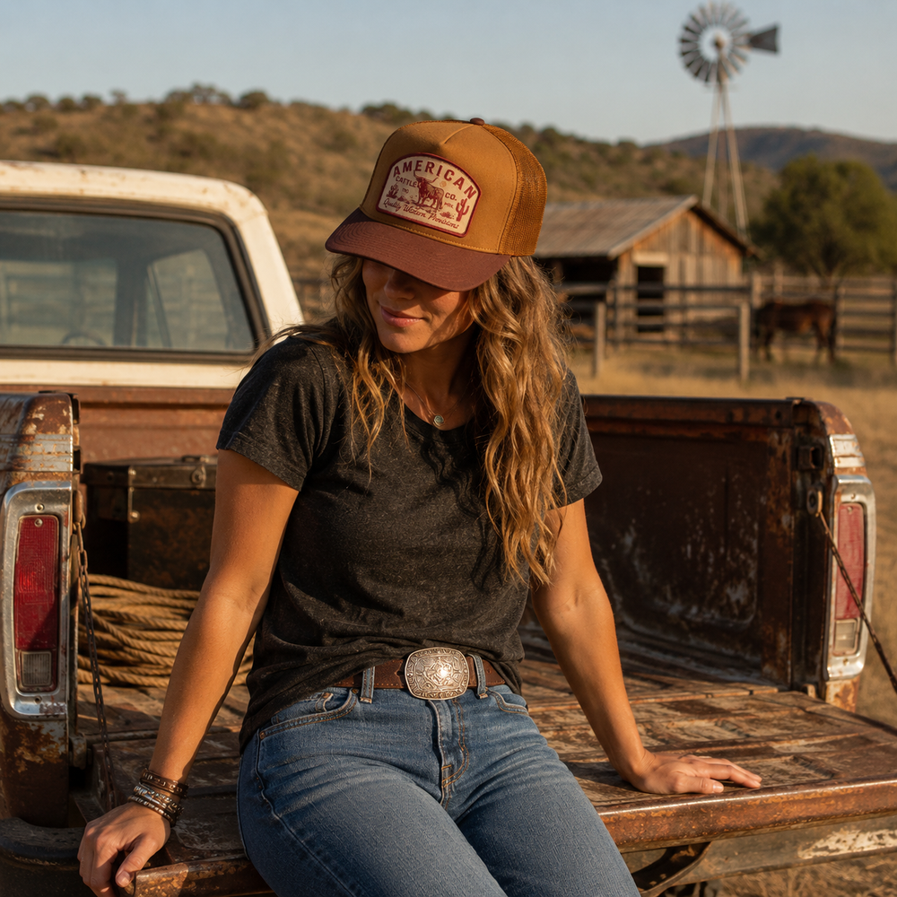 This one’s all about roots. The Provisions Cap leans into old-school western style with hand-drawn artwork, deep earthy tones, and a straight-up cattleman’s mindset. It wears like something your granddad might’ve kept in the dash—and that’s the point. Available in our Smyrna, TN shop not far from Miller Coliseum in Murfreesboro.

Mid-Profile Crown Height
Adjustable Snapback Closure
American Cattle Co. Pasture Scene Patch
Baked Bean Brown with Brown Mustard on top