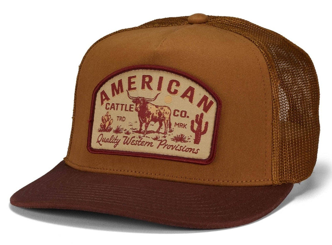 This one’s all about roots. The Provisions Cap leans into old-school western style with hand-drawn artwork, deep earthy tones, and a straight-up cattleman’s mindset. It wears like something your granddad might’ve kept in the dash—and that’s the point. Available in our Smyrna, TN shop not far from Miller Coliseum in Murfreesboro.

Mid-Profile Crown Height
Adjustable Snapback Closure
American Cattle Co. Pasture Scene Patch
Baked Bean Brown with Brown Mustard on top