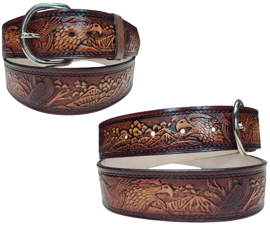 This All American Eagle leather belt features Wild Eagles in an antiqued Brown finish with a 1 1/2" width. It is crafted from full grain veg-tanned cowhide, with smooth burnished painted edges and a nickel-plated buckle & The buckle can be easily interchanged as well. This product is in stock at our Smyrna, TN shop.