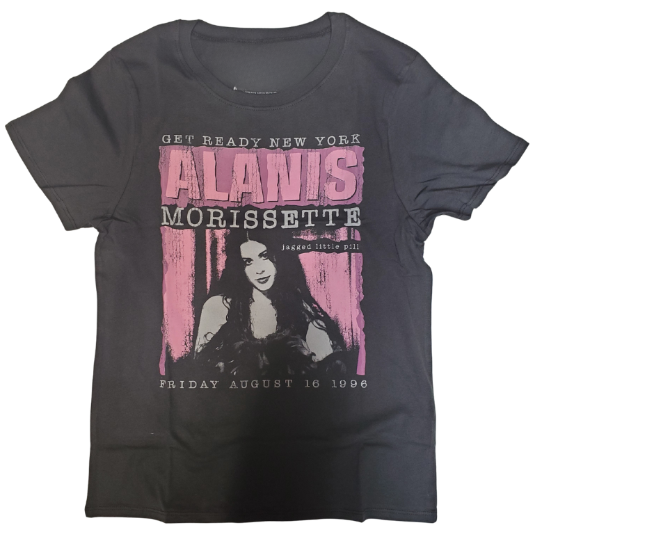 Isn't it Ironic your looking at the Alansis Morisette Tee! You oughta know those tunes with vintage style 90's graphics and tour dates on the back. Super soft feel. A few left in stock at our Smyrna, TN shop.

Sizing measurements:
Chest under arm pit S-16", M-17", LRG 18", XL-19", 2X- 20"
Length top of neck to bottom of shirt S -24, M-25", L-26", XL-27", 2X-28"