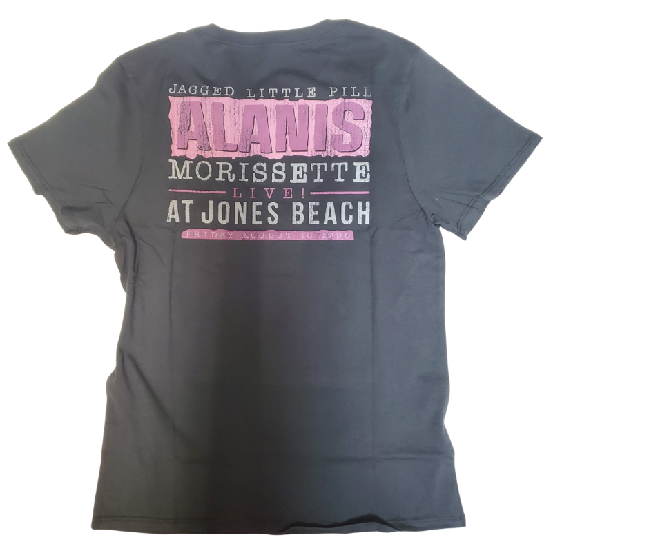 Isn't it Ironic your looking at the Alansis Morisette Tee! You oughta know those tunes with vintage style 90's graphics and tour dates on the back. Super soft feel. A few left in stock at our Smyrna, TN shop.

Sizing measurements:
Chest under arm pit S-16", M-17", LRG 18", XL-19", 2X- 20"
Length top of neck to bottom of shirt S -24, M-25", L-26", XL-27", 2X-28"