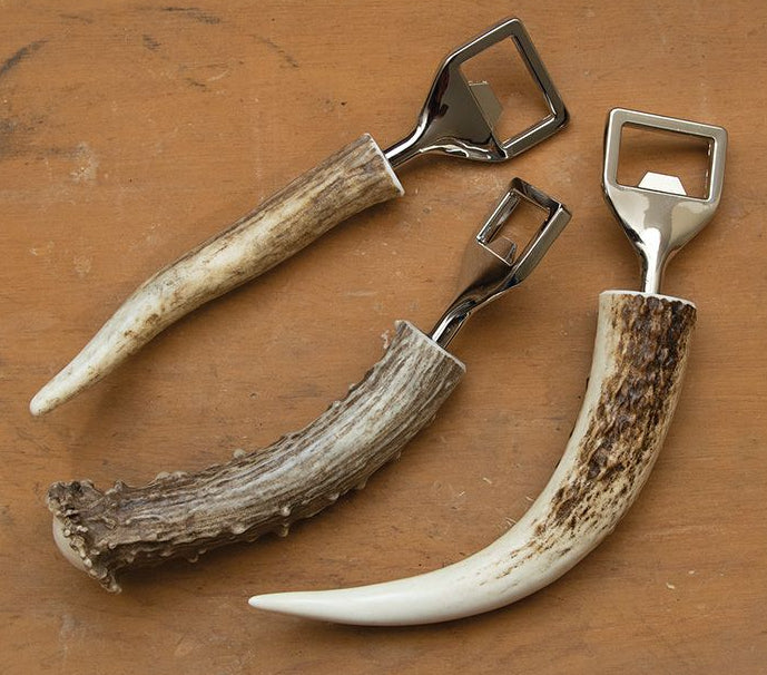 Handcrafted Antler Bottle Opener with high quality stainless steel. Approximate size: 8" in length Made from naturally shed elk and deer antlers. Sizes, colors and shape will vary. Made in the U.S.A. Get yours at our Smyrna, TN shop not far from Franklin.