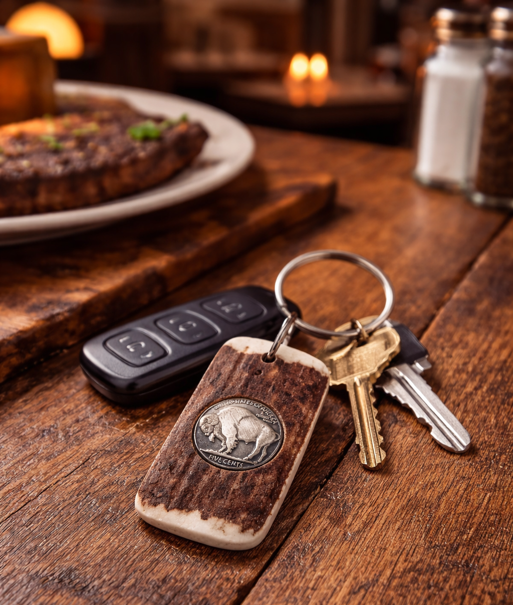 Handcrafted Antler key chains featuring a variety of Concho inlays. Made from naturally shed elk and deer antlers. Sizes, colors and shape will vary. Approximate size: 1" wide x 1.75" tall. Made in the U.S.A. Get yours at our Smyrna, TN shop not far from Franklin.