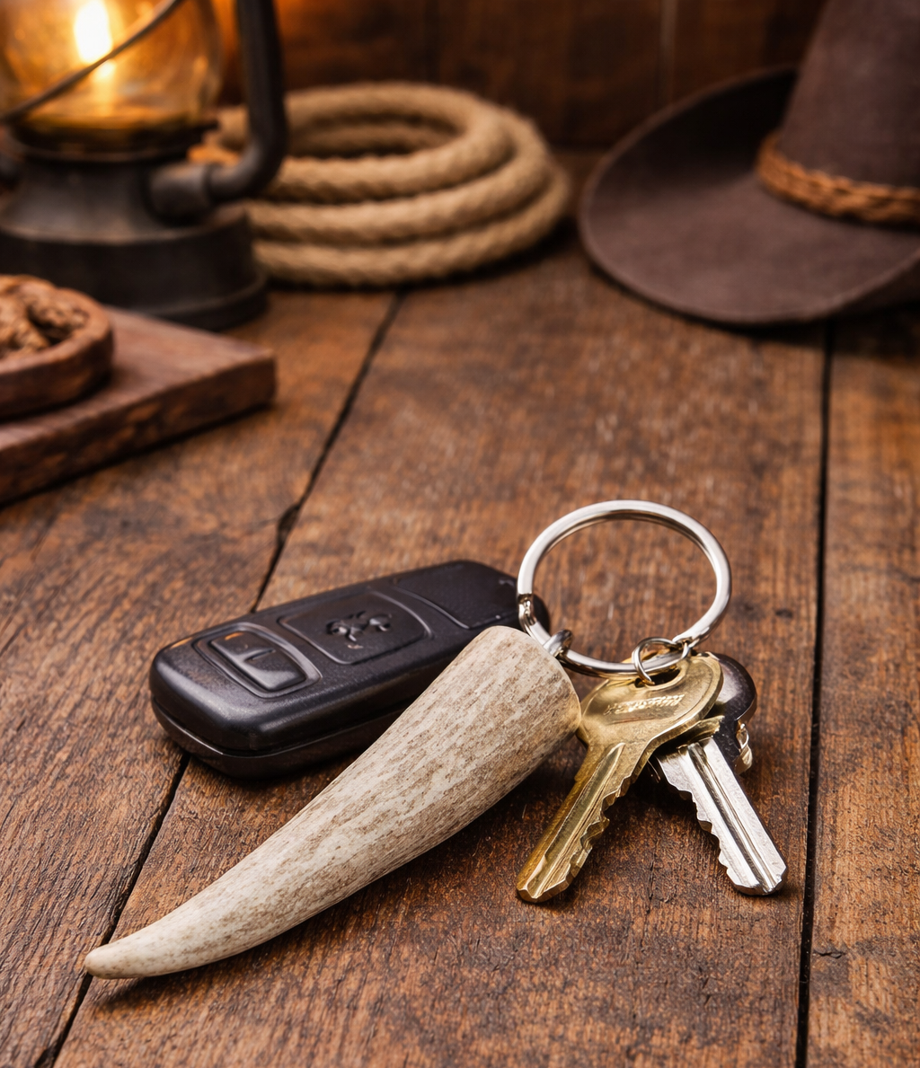 Handcrafted Antler Tip key chains. Approximate size: 2.5" long keychain from naturally shed elk and deer antlers. Sizes, colors and shape will vary. Made in the U.S.A. Get yours at our Smyrna, TN shop not far from Franklin.