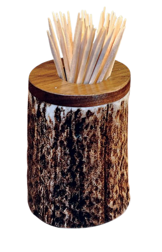Handcrafted Antler Toothpick Holder. Approximate size: 2 1/2" tall x 1 3/4" diameter. Made from naturally shed elk and deer antlers. Sizes, colors and shape will vary. Made in the U.S.A. Get yours at our Smyrna, TN shop not far from Franklin.
