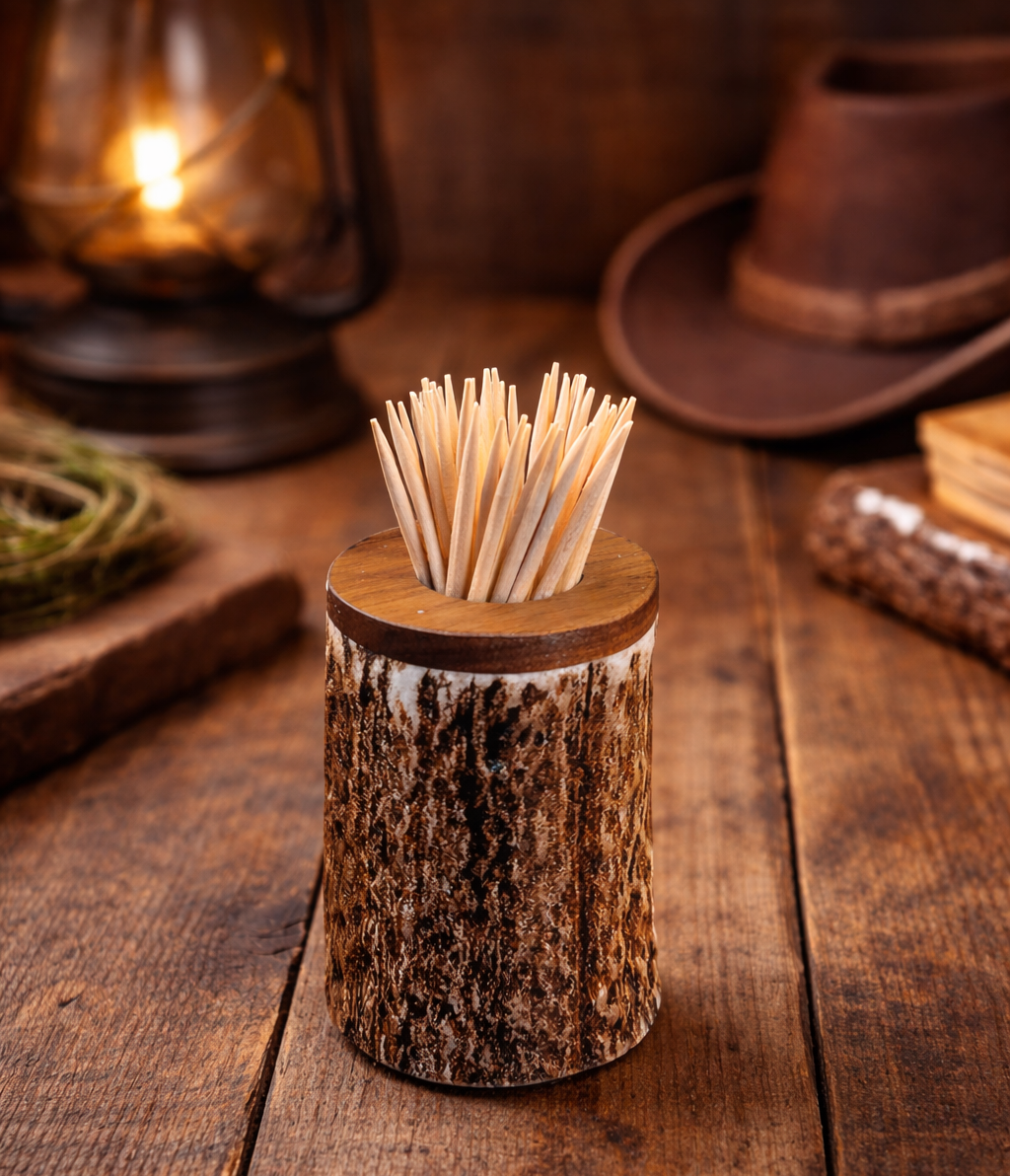 Handcrafted Antler Toothpick Holder. Approximate size: 2 1/2" tall x 1 3/4" diameter. Made from naturally shed elk and deer antlers. Sizes, colors and shape will vary. Made in the U.S.A. Get yours at our Smyrna, TN shop not far from Franklin.