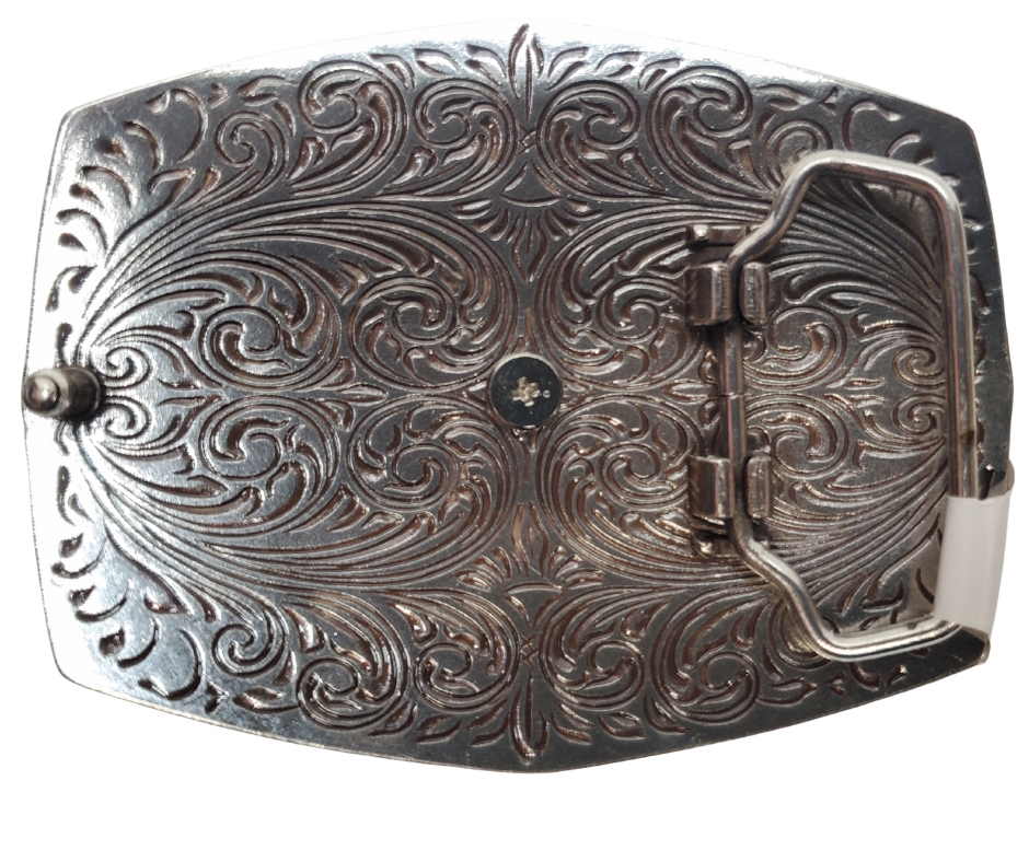 This new Ariat Bull Rider Western Buckle has Bordered with a beaded rope design, is an etched antiqued silver background. In a brass color, Ariat is arched across the top with raised scroll and flower designs surrounding a bull with rider. Measures about 2 3/4" tall by 3 1/2" wide. Fits belts up to 1 3/4" wide. Available for purchase in our online store or the retail shop in Smyrna, TN, just outside Nashville. Imported