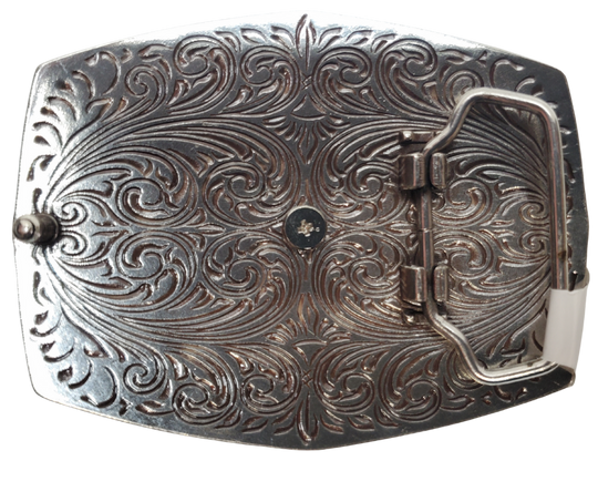 This new Ariat Bull Rider Western Buckle has Bordered with a beaded rope design, is an etched antiqued silver background. In a brass color, Ariat is arched across the top with raised scroll and flower designs surrounding a bull with rider. Measures about 2 3/4" tall by 3 1/2" wide. Fits belts up to 1 3/4" wide. Available for purchase in our online store or the retail shop in Smyrna, TN, just outside Nashville. Imported